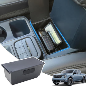 TOPINSTALL front view of console box blending with Maverick interior, adds hidden storage