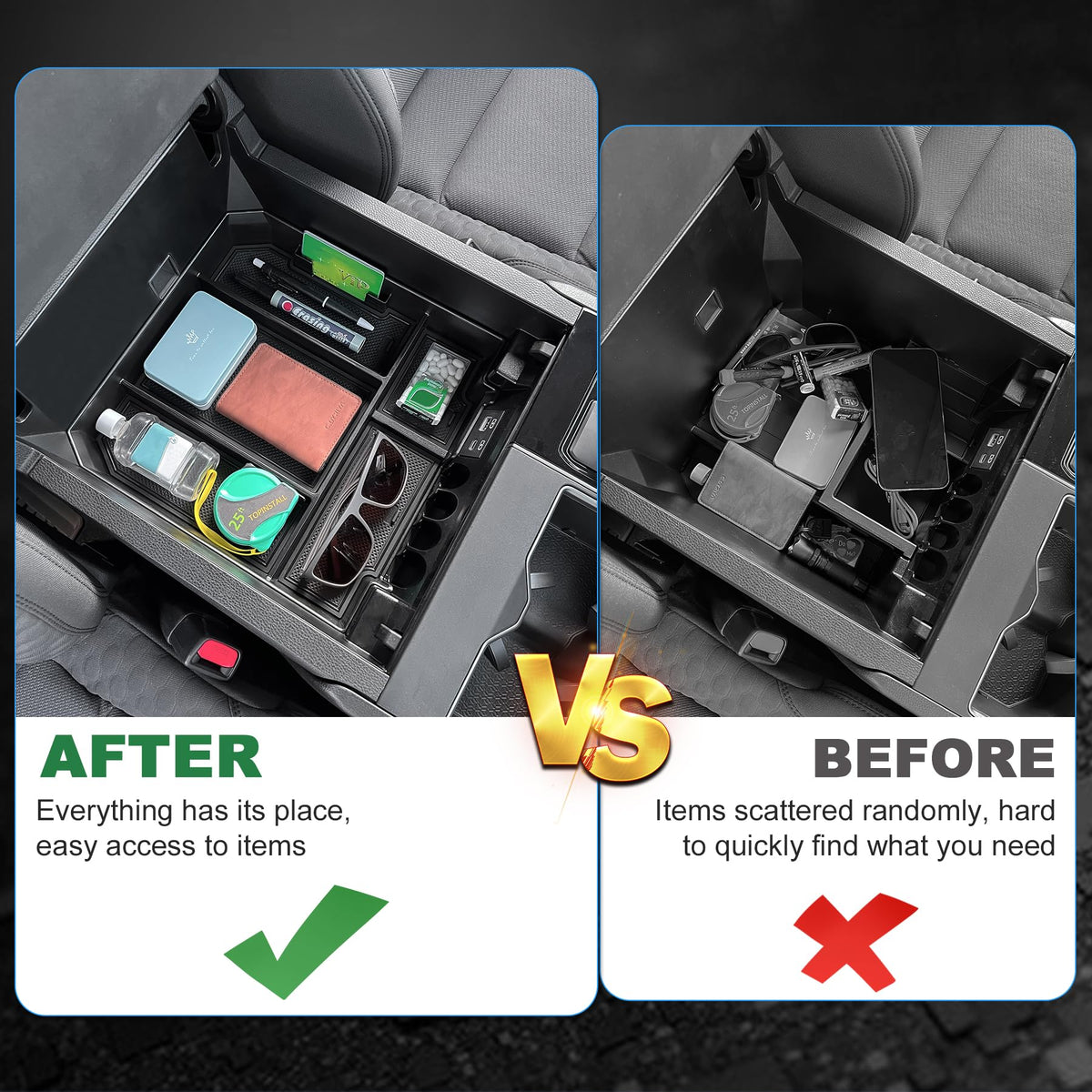 TOPINSTALL organizer installed in Tundra center console demonstrating tidy storage