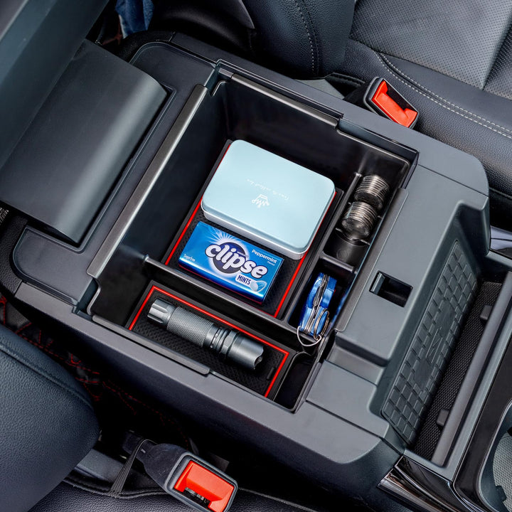 TOPINSTALL front view of red console insert showing neat organization and quick access