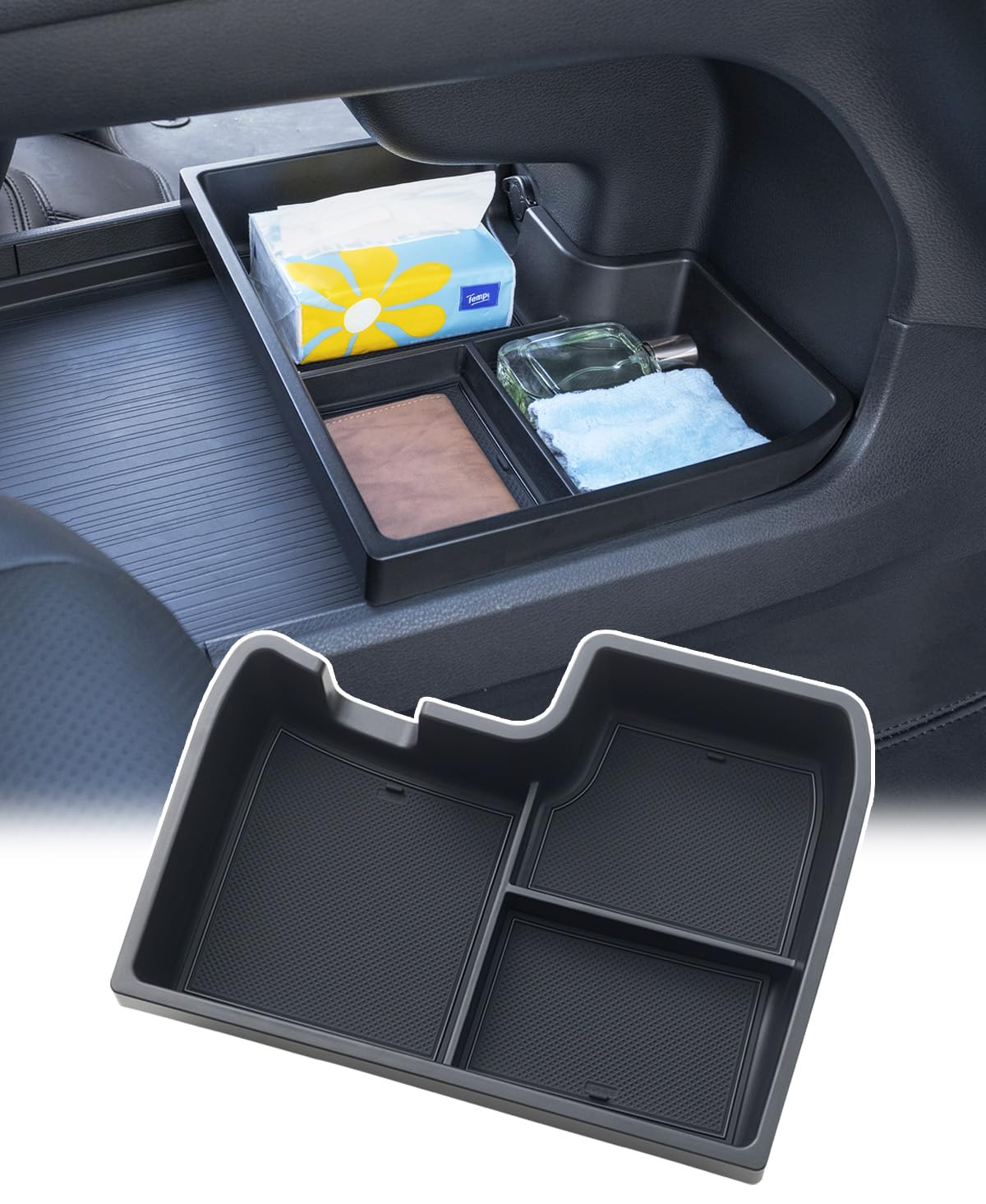 TOPINSTALL front view of console organizer showing clean fit and added storage benefit