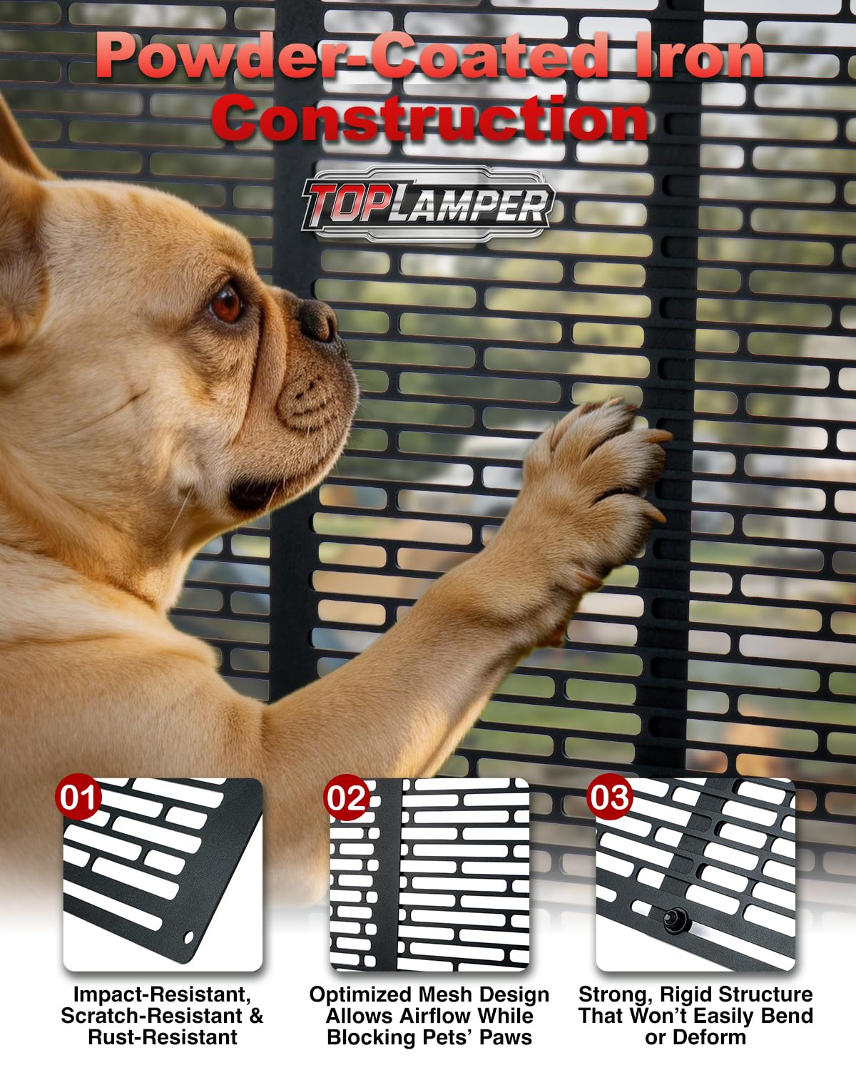 Toplamper close-up of powder-coated mesh highlighting corrosion resistance