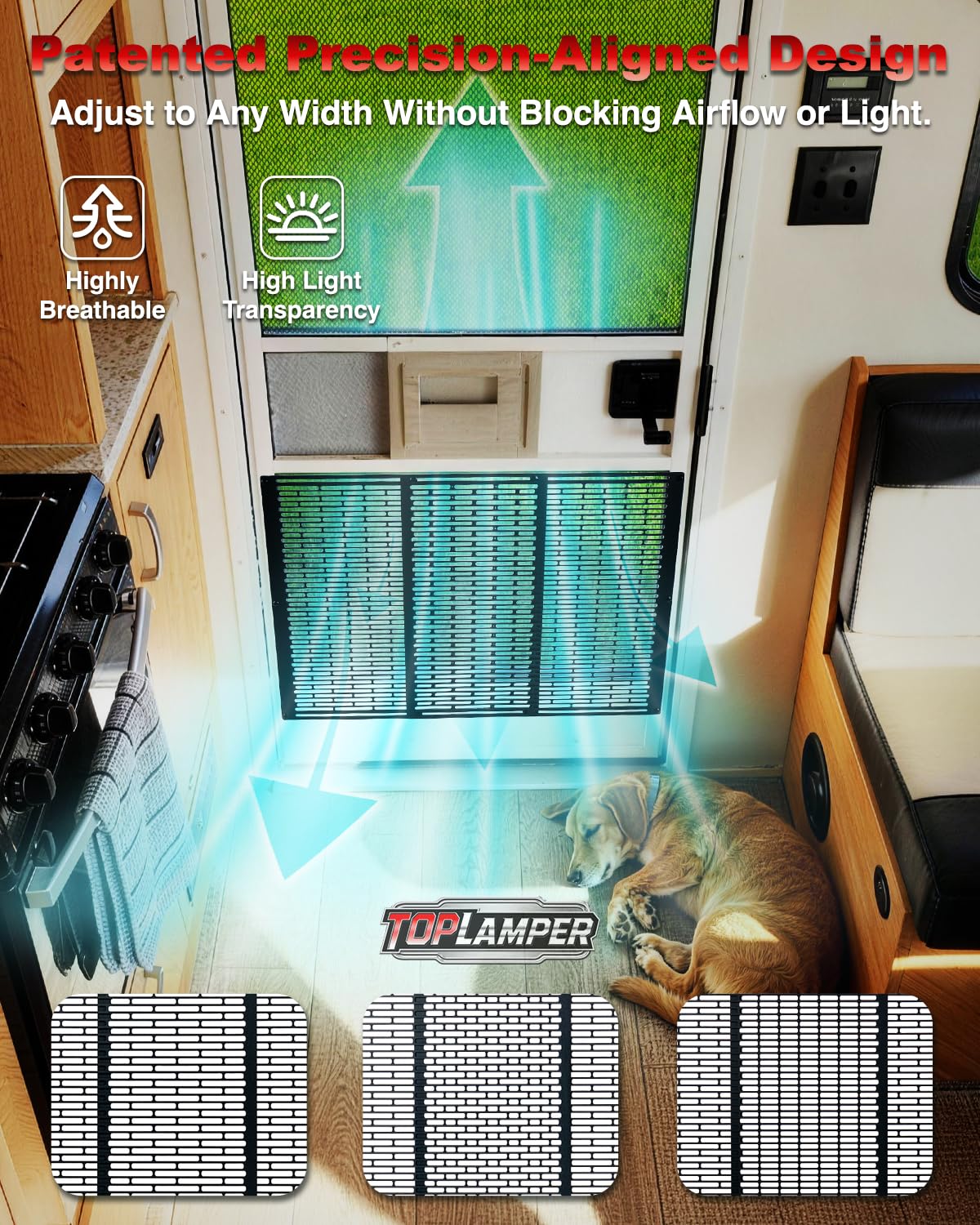 Toplamper with dog at door demonstrating pet-resistant barrier benefit