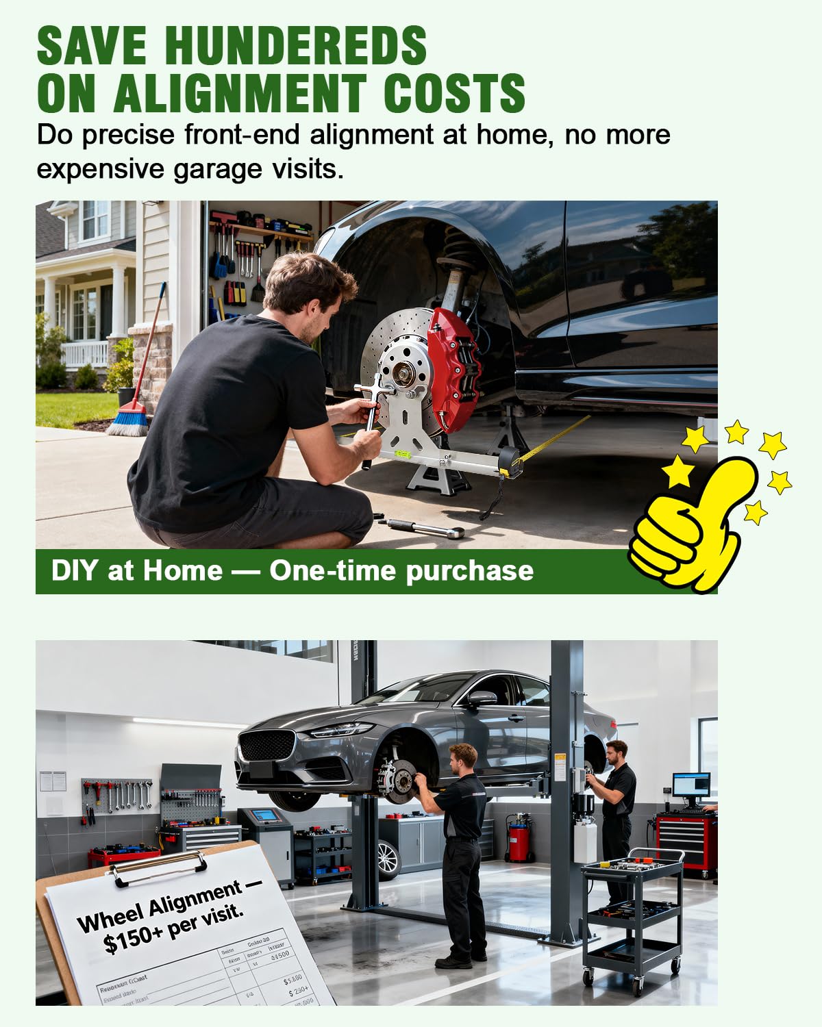 Toplamper in use checking a vehicle’s front wheel toe for faster adjustments