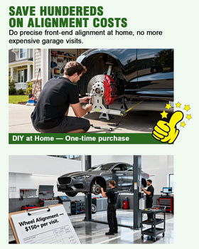 Toplamper in use checking a vehicle’s front wheel toe for faster adjustments
