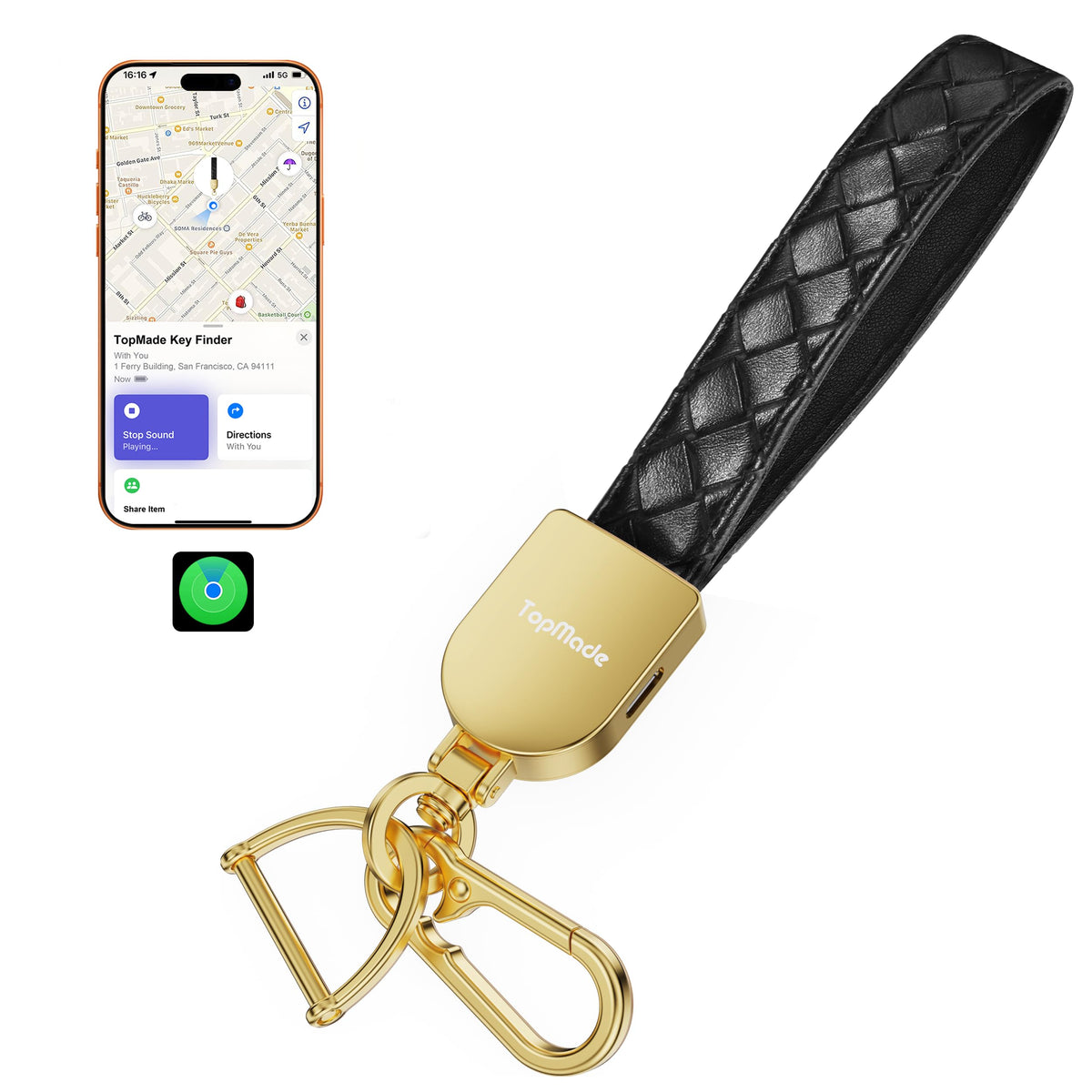 TopMade front view of black and gold keychain showing elegant design and tracking benefit