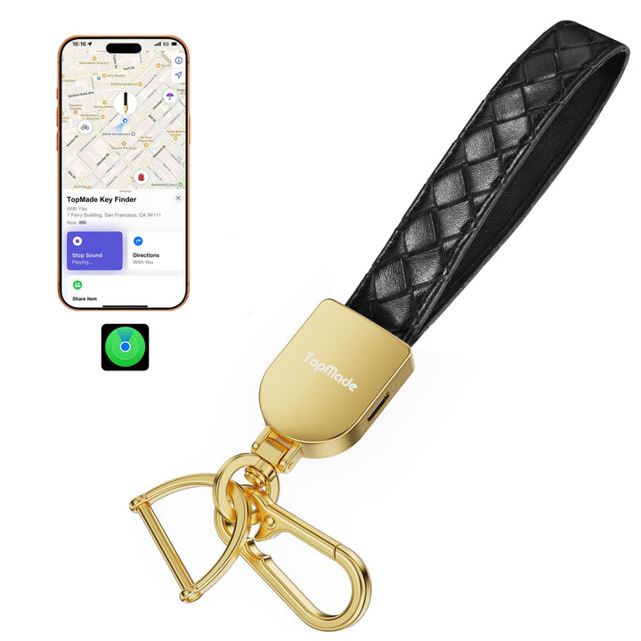 TopMade front view of black and gold keychain showing elegant design and tracking benefit