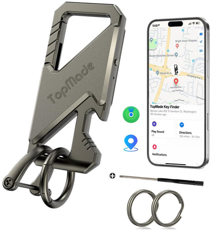 TopMade keychain front view showing sleek zinc-alloy body and attachment