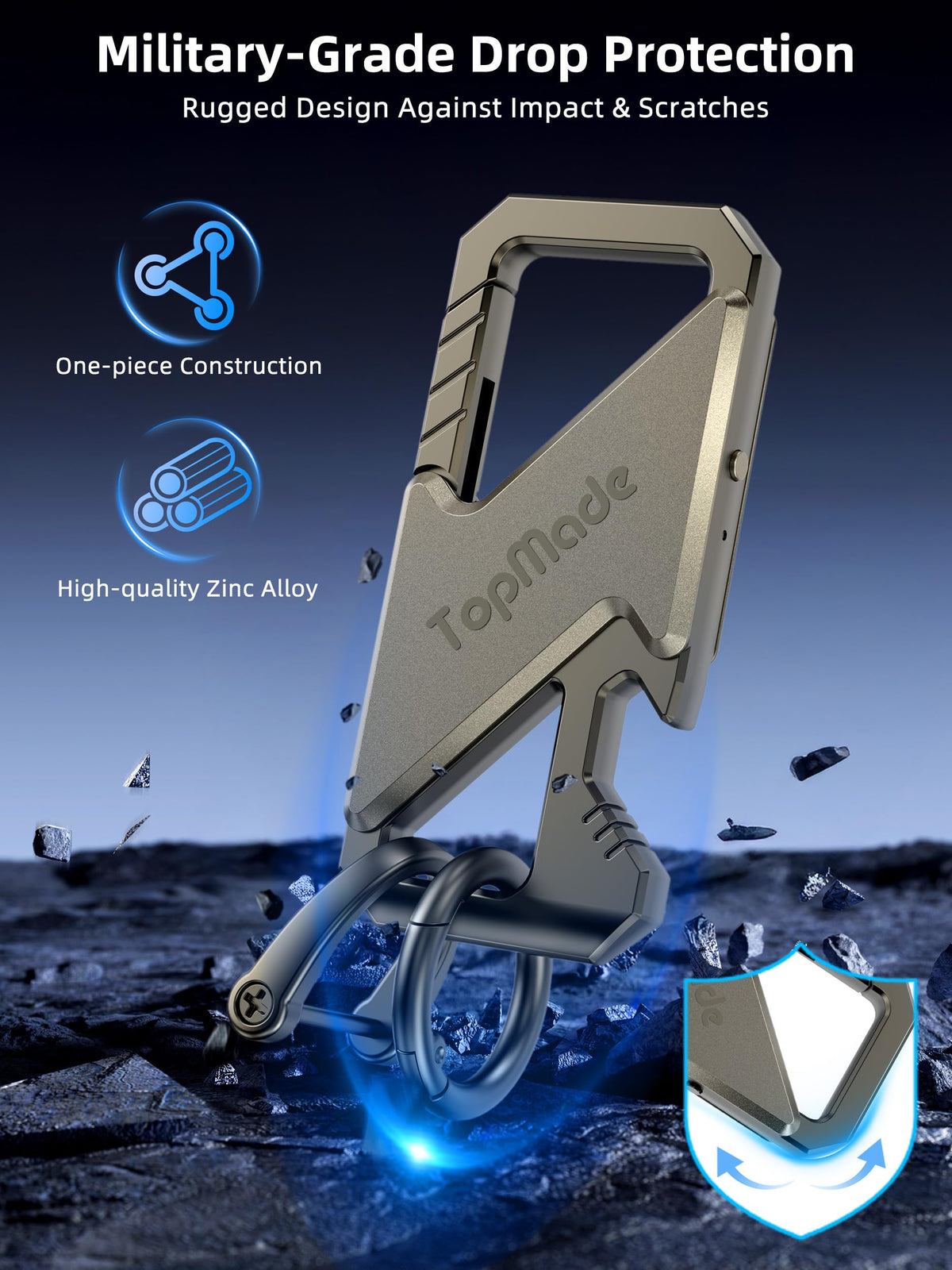 TopMade keychain attached to luggage illustrating travel tracking benefit