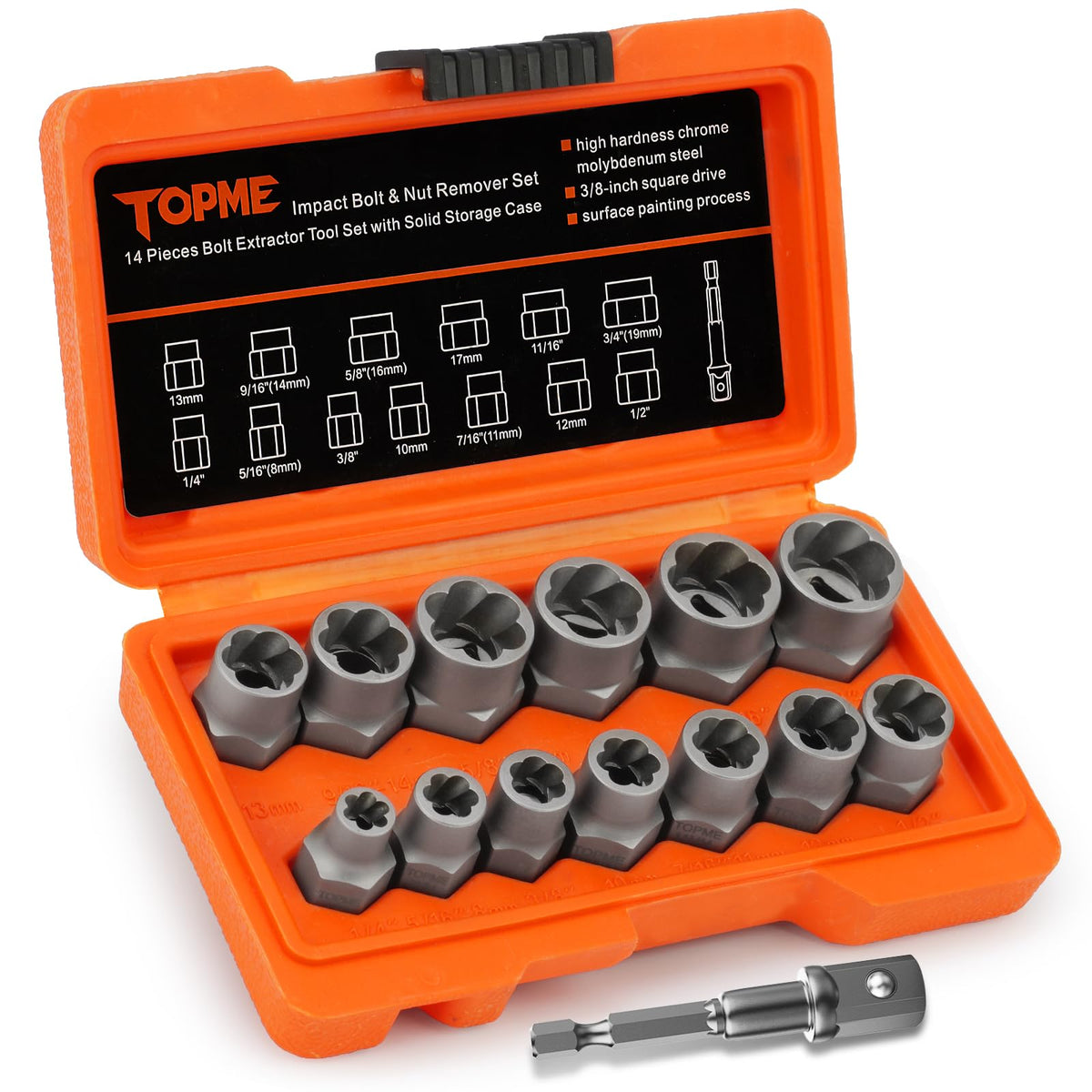 topme front view of 14-piece extractor kit shows complete set and case, durable organization benefit