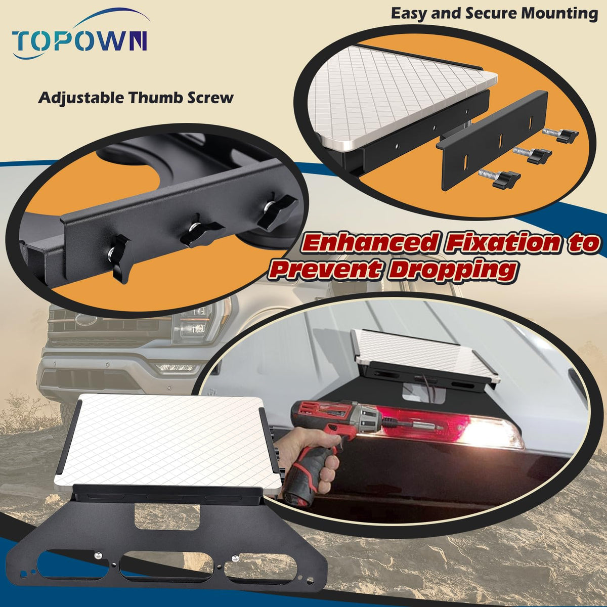 TOPOWN bracket during install using third-brake-light opening for no-drill fit
