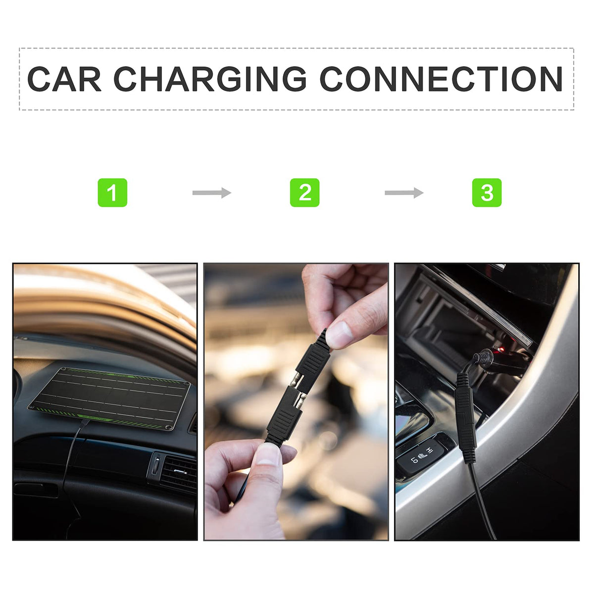 Topsolar connected with alligator clips to battery terminals for secure hookup