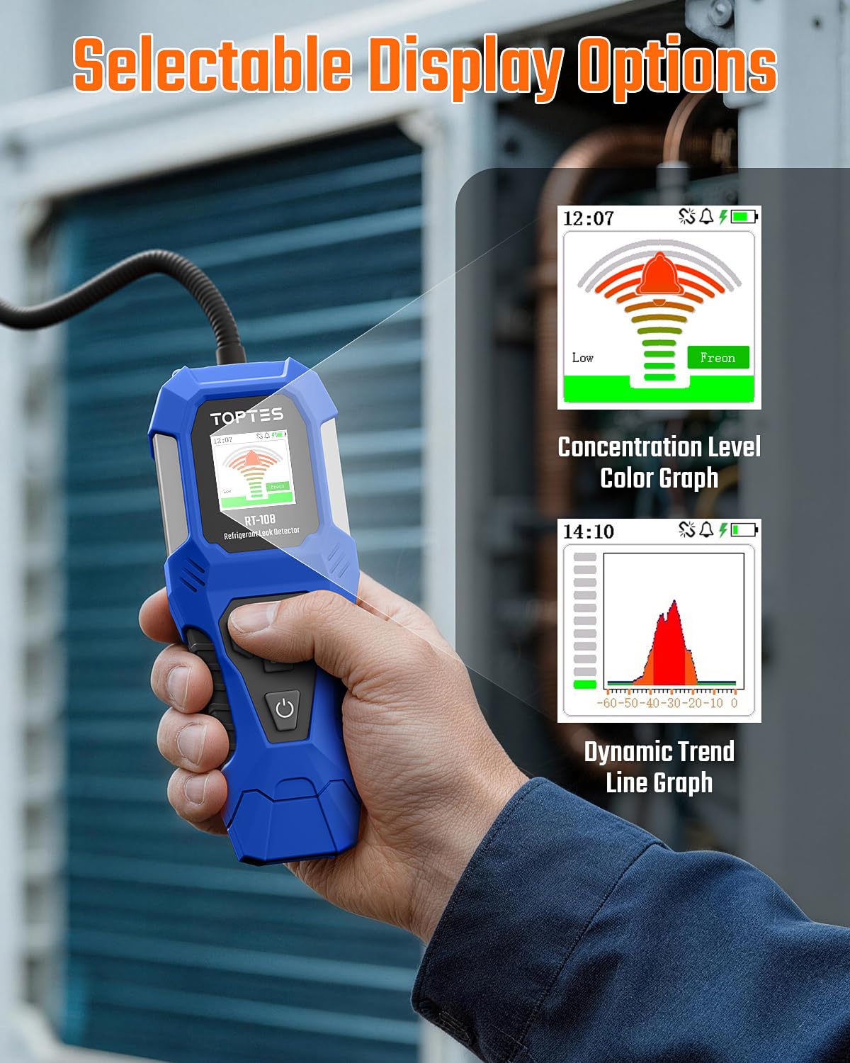 TOPTES RT-108 color TFT display showing funnel chart and trend for clear readings