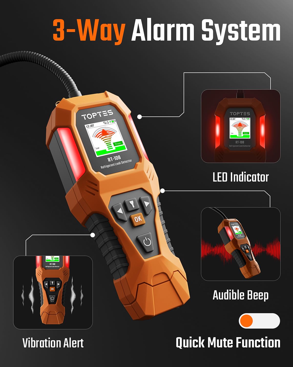 TOPTES RT-108 being used on an air conditioner to rapidly locate refrigerant leaks