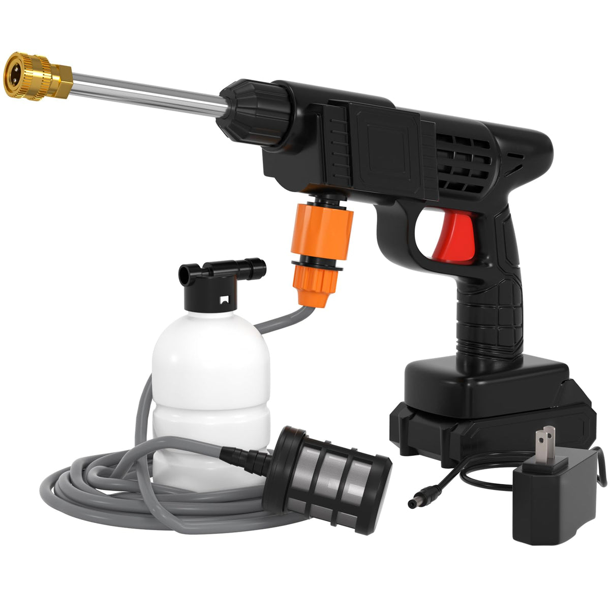 Topteng spray gun next to a water bucket showing compact scale