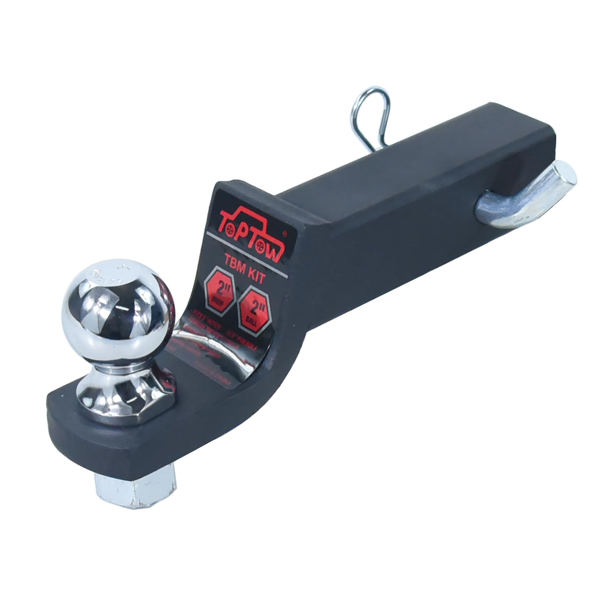 TOPTOW close-up of 2" trailer ball highlighting secure connection benefit
