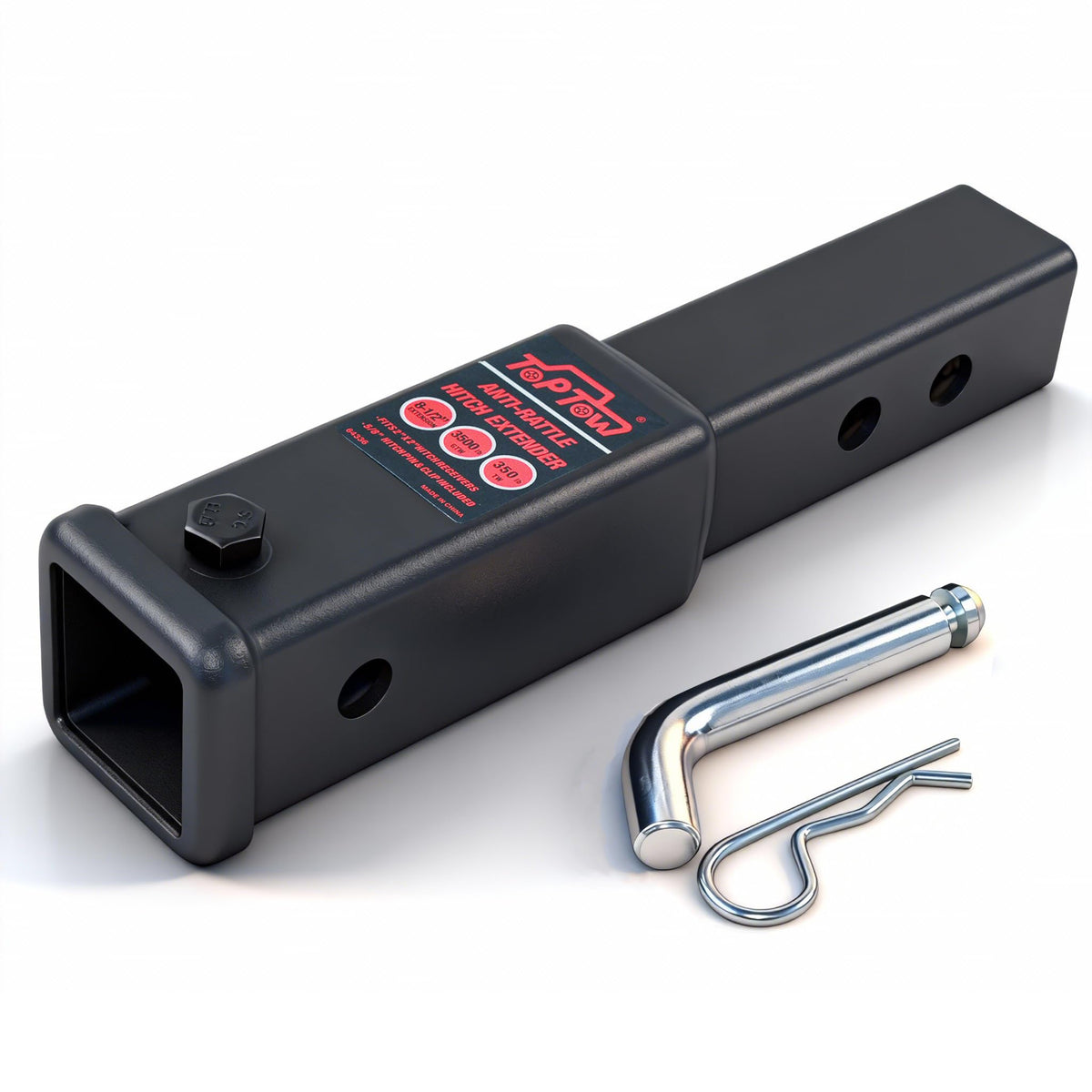 TOPTOW front view of extender showing receiver fit and included pin benefits