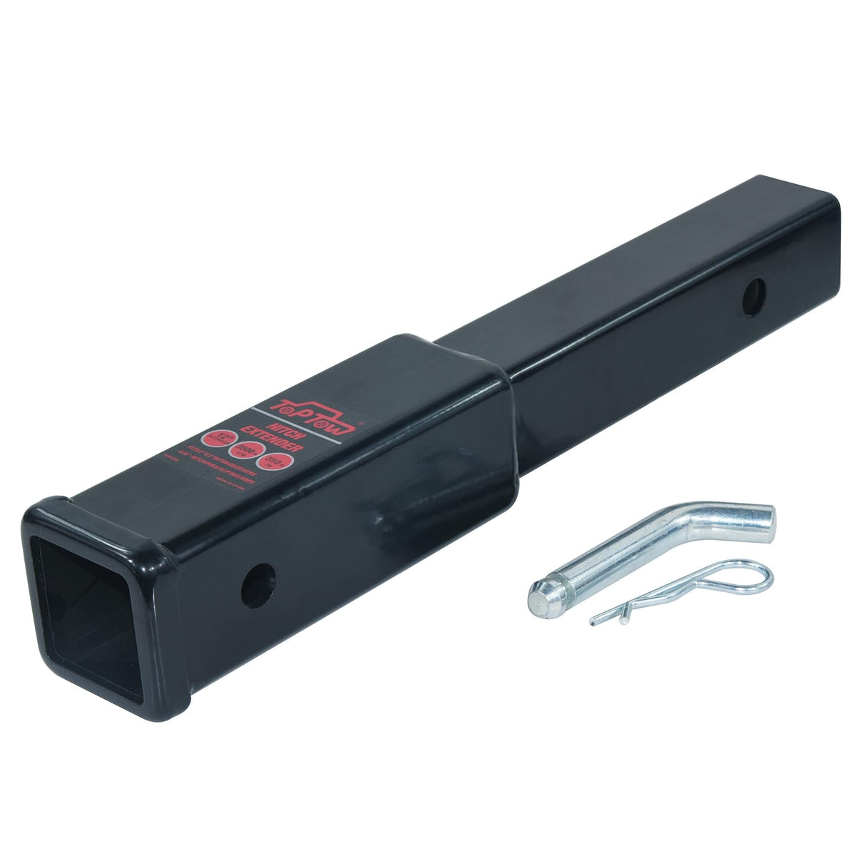 TOPTOW front view of 12-inch hitch extender showing fit and clearance benefit
