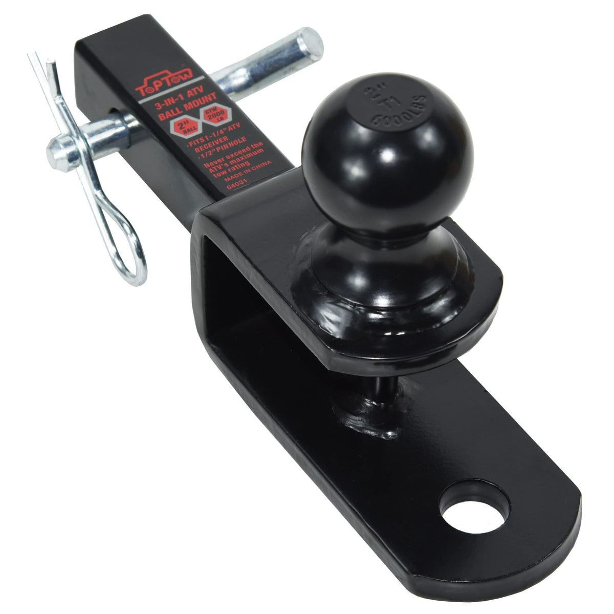 TOPTOW front view of hitch showing 2" ball and shank for versatile towing