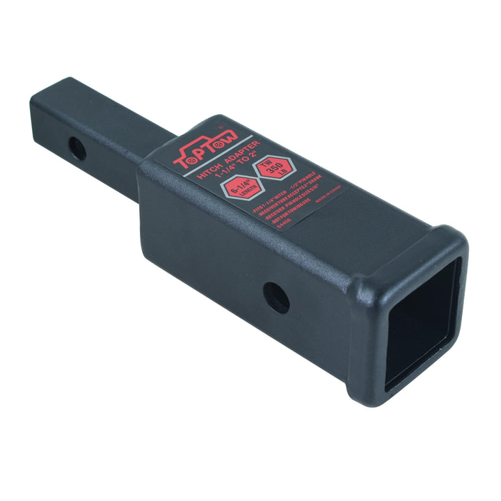 TOPTOW hitch adapter front view showing 1-1/4" to 2" opening and fit benefit