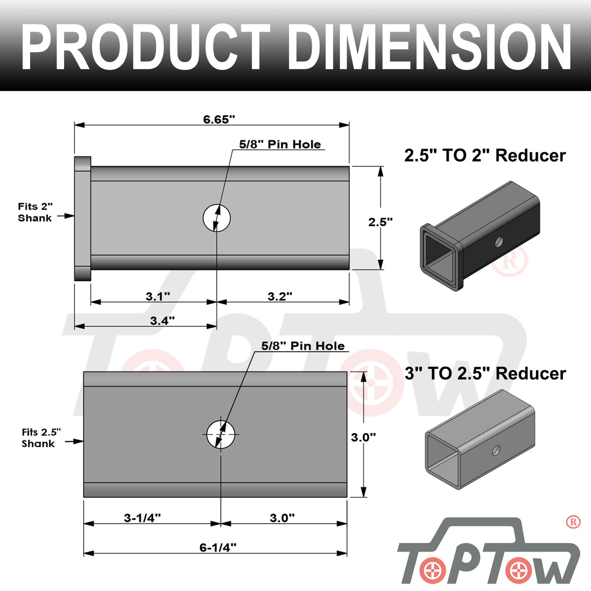 TOPTOW adapter with 5/8 inch pin and clip included for immediate use