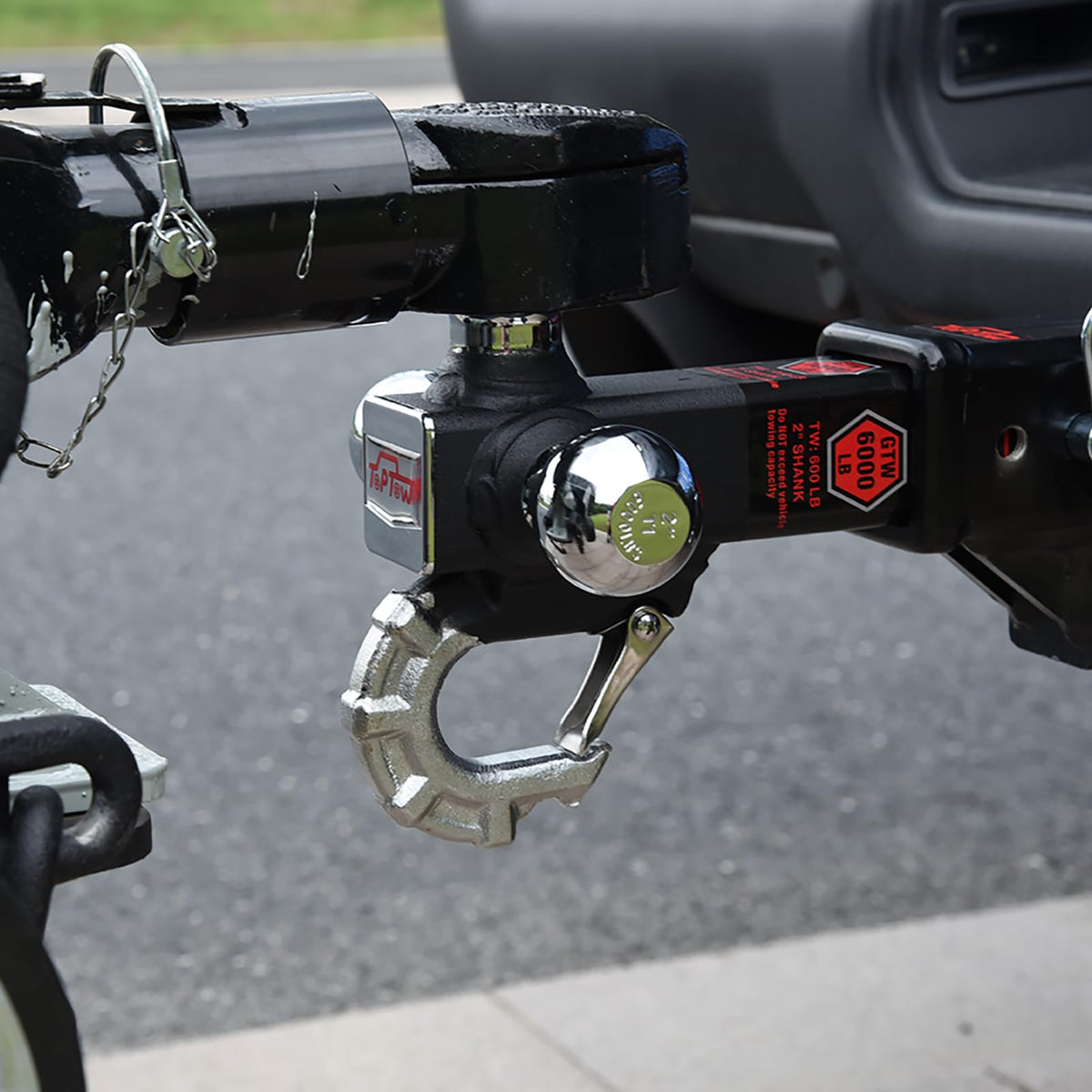 TOPTOW side profile of tri-ball mount showing hollow shank and powder coat finish for durable towing