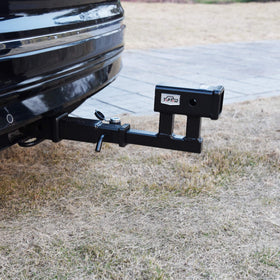 TOPTOW mounted with bike rack on vehicle demonstrating added clearance benefit