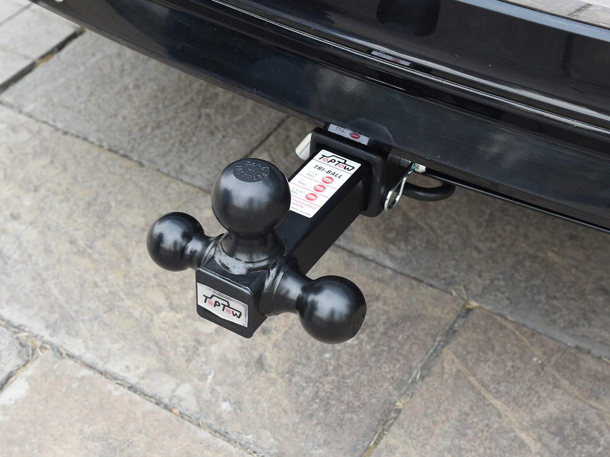 TOPTOW mounted on vehicle demonstrating quick ball selection and secure towing setup