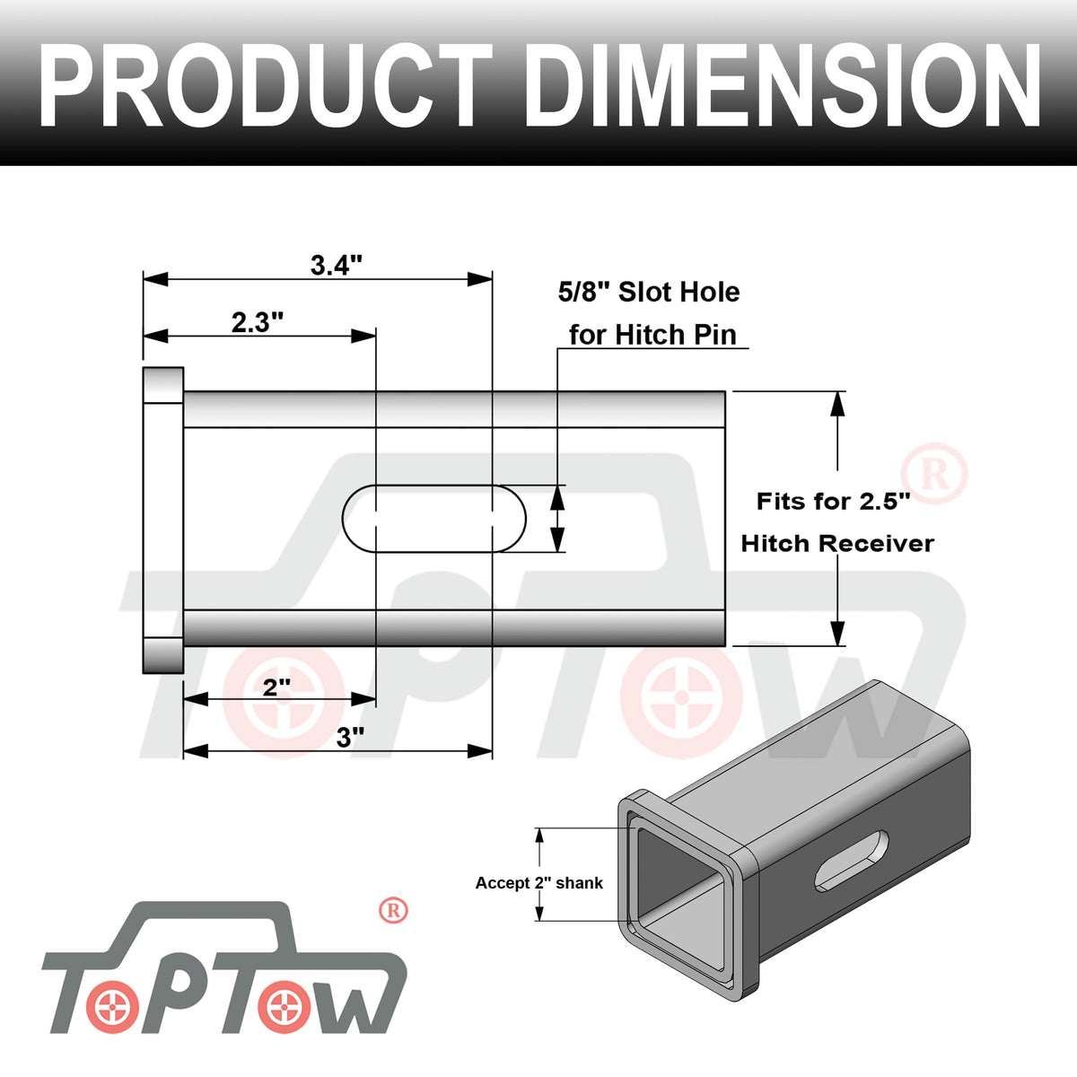 TOPTOW 5/8 inch pin and clip detail showing included fastener convenience benefit