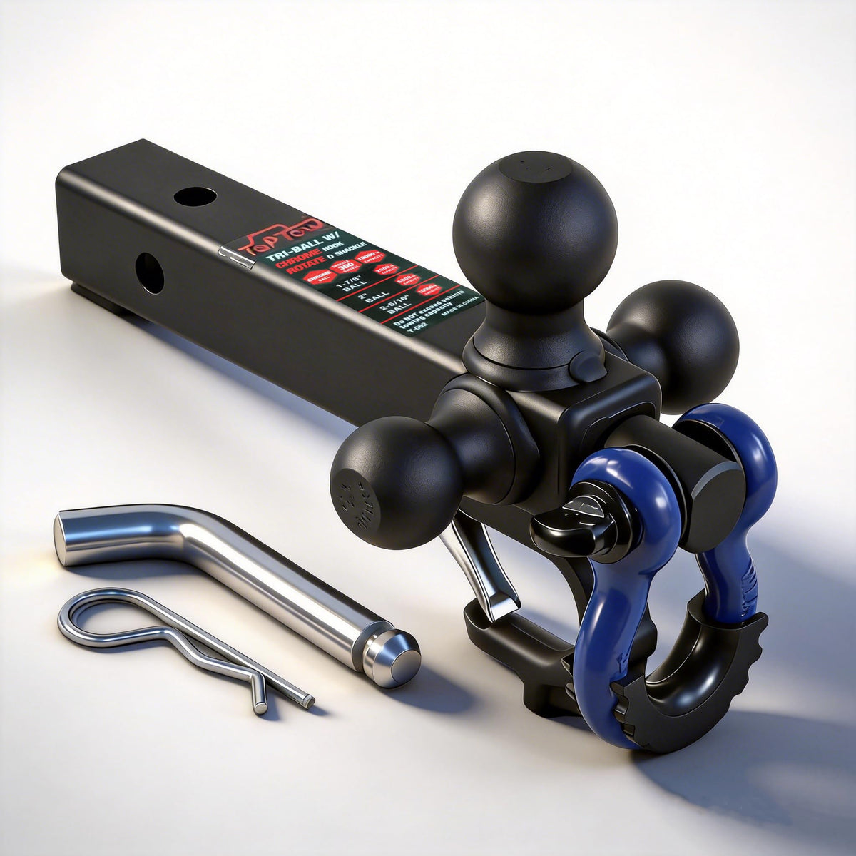 TOPTOW swivel 3/4 inch D-shackle and tactical hook shown for versatile recovery use