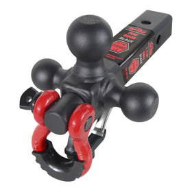 TOPTOW front view of tri-ball hitch mount showing all three balls and benefit of quick size selection