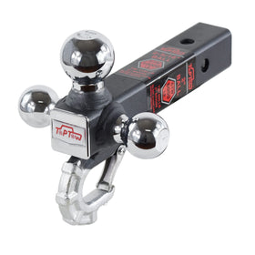 TOPTOW tri-ball hitch front view showing three chrome balls and matte black shank for quick size changes