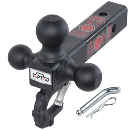 TOPTOW front view of tri-ball hitch showing three ball sizes and matte finish benefit