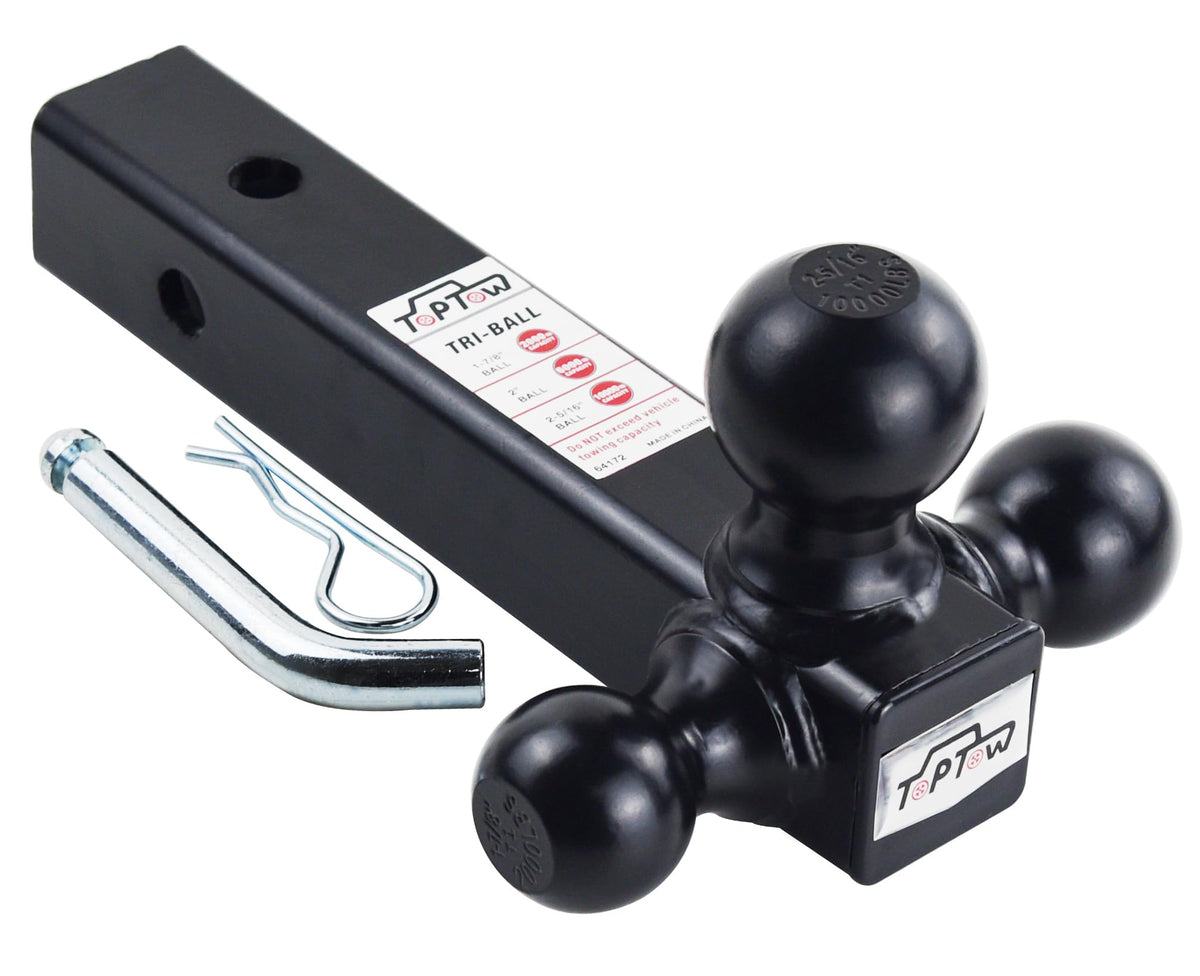 TOPTOW tri-ball front view showing three balls and black finish, for versatile towing
