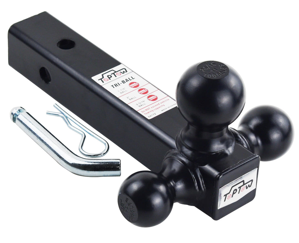 TOPTOW tri-ball front view showing three balls and black finish, for versatile towing