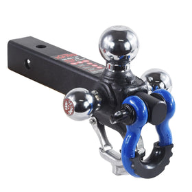 TOPTOW front view of triple ball hitch showing three chrome balls and black shank, quick fit benefit