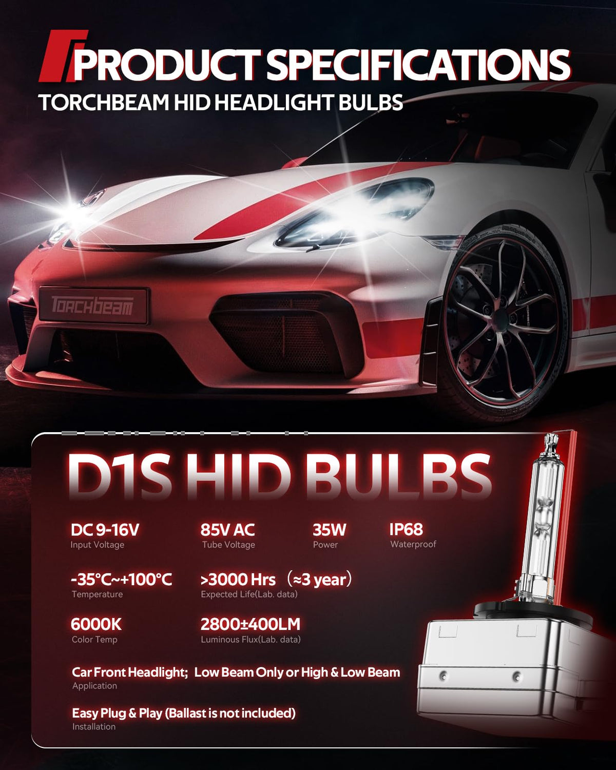 Torchbeam D1S bulb front view highlighting xenon arc tube and cool white output benefits