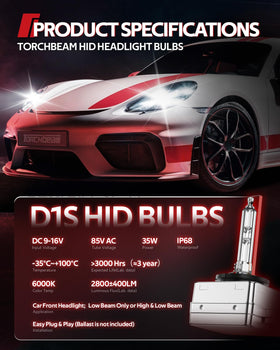 Torchbeam D1S bulb front view highlighting xenon arc tube and cool white output benefits