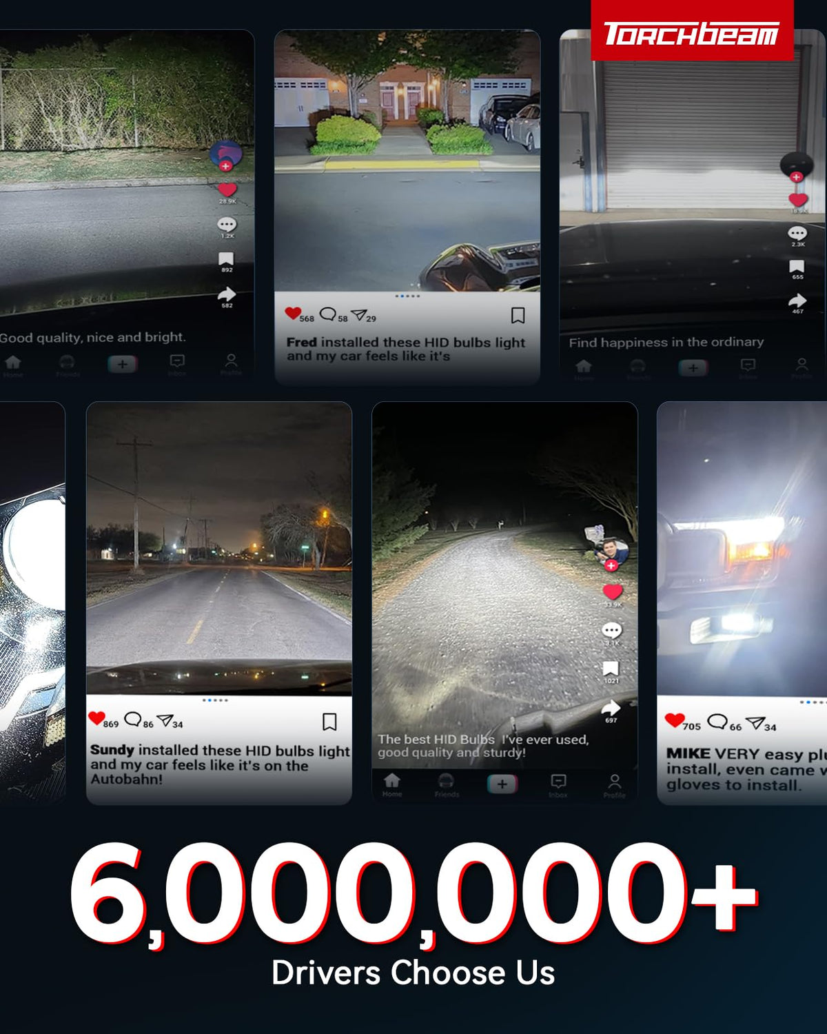 Torchbeam D1S installed in car at night showing brighter, farther-reaching roadway illumination