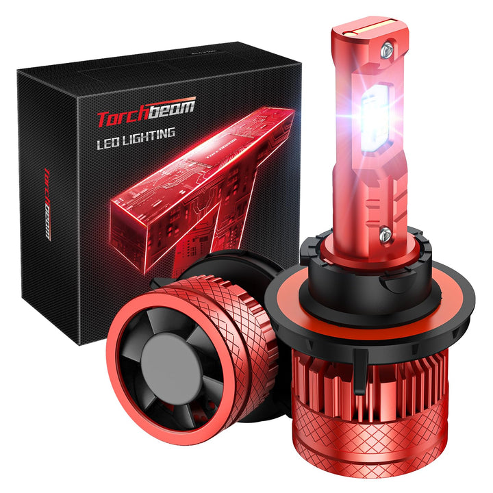 Torchbeam front view of H13/9008 bulb pack showing features and benefits