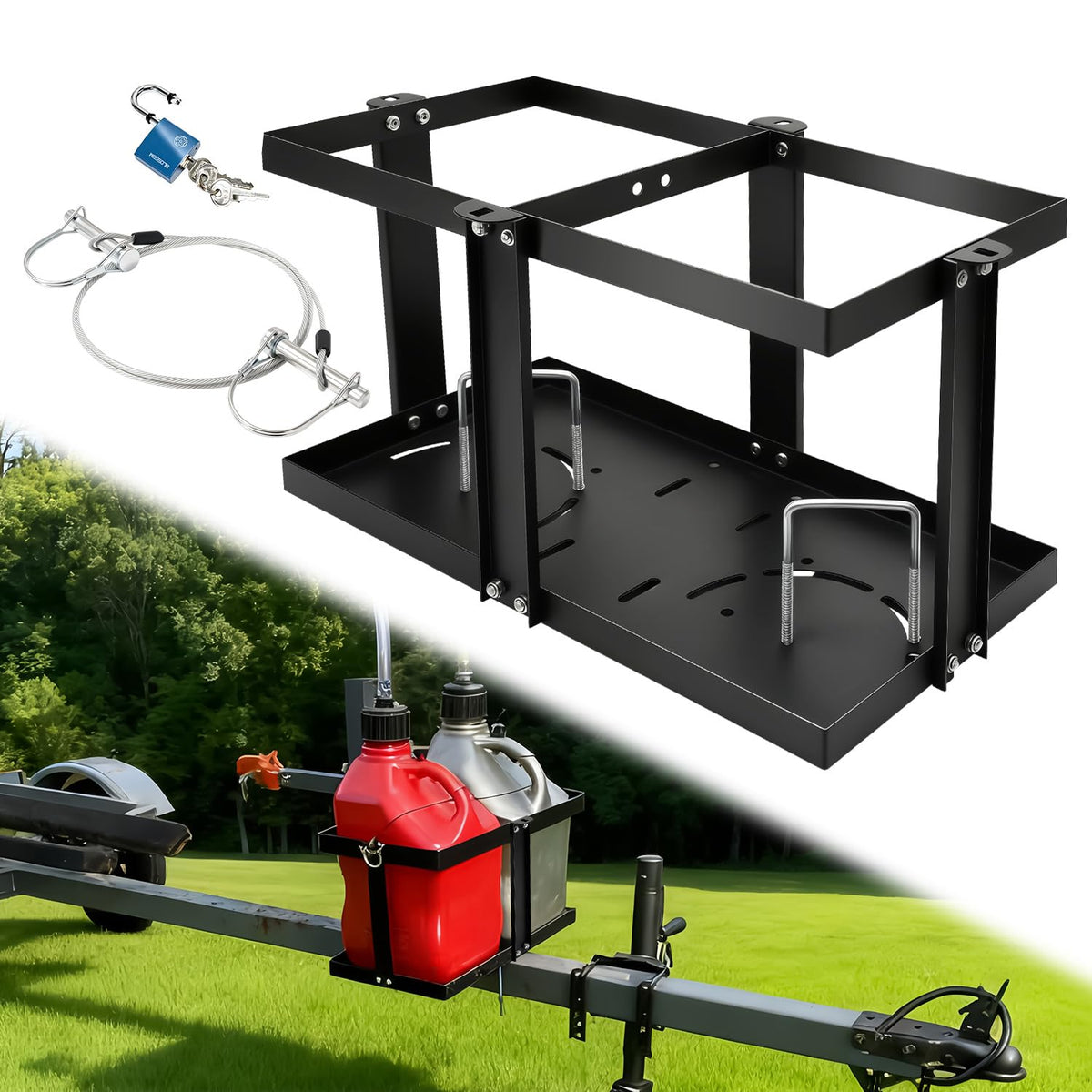 Tordale front view of gas can holder showing sturdy frame and secure fit