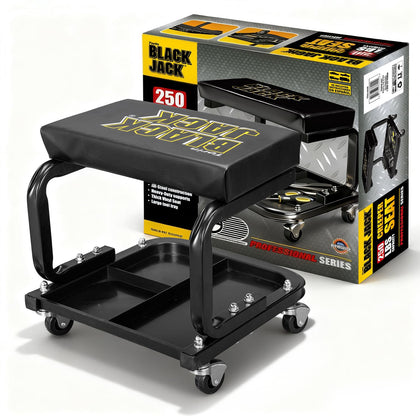 Torin front view of rolling creeper seat showing sturdy frame and tray—organized access