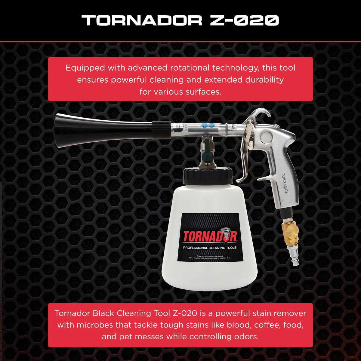 Tornador Black 32oz reservoir attached for longer uninterrupted cleaning