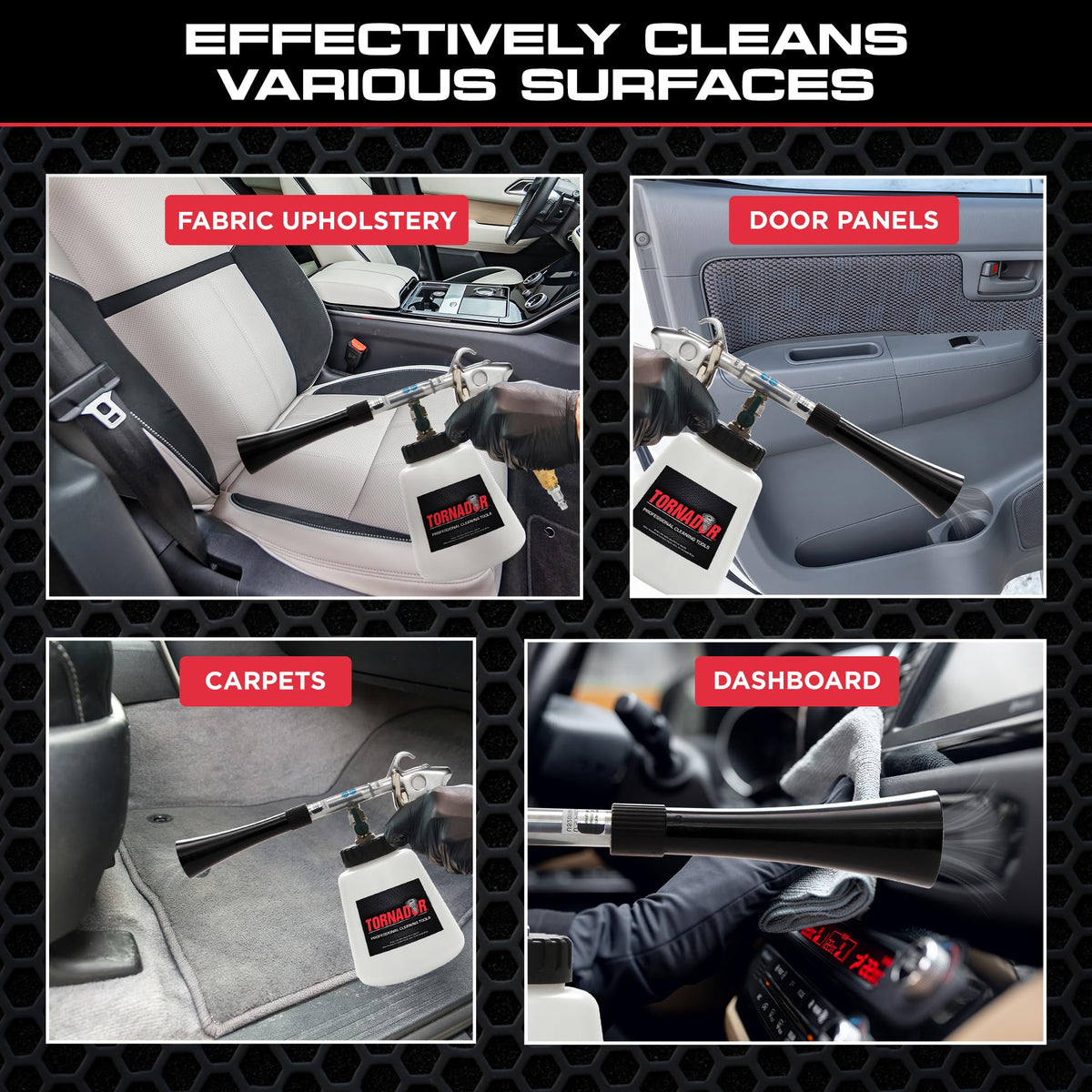 Tornador Black in use on car seat demonstrating deep cleaning reach