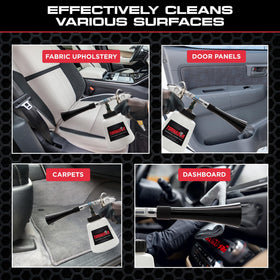 Tornador Black in use on car seat demonstrating deep cleaning reach