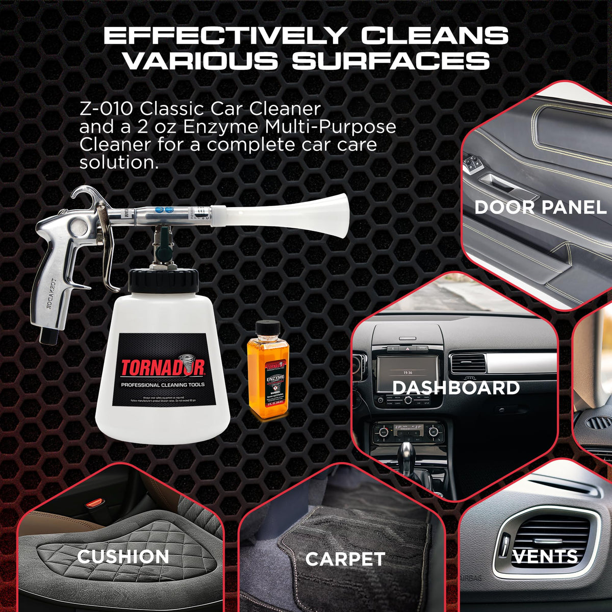 Tornador Z-010 cleaning a dashboard demonstrating efficient grime removal