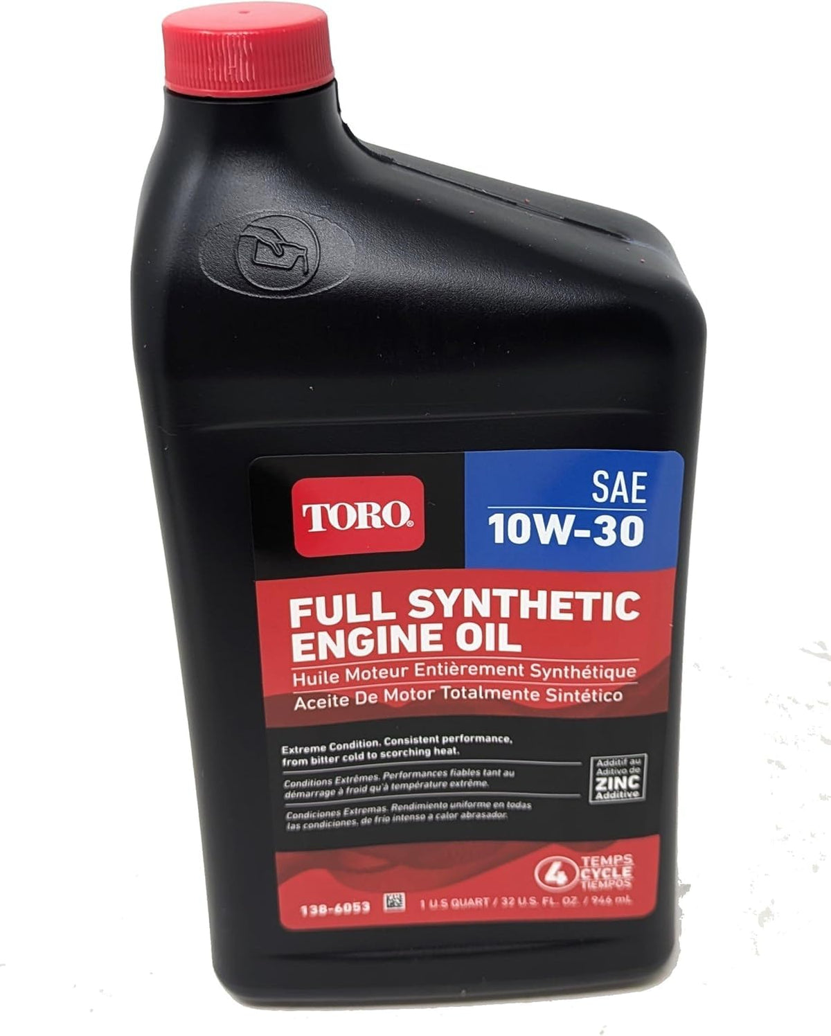 Toro full synthetic 10W-30 bottle front label showing part number and clarity benefit