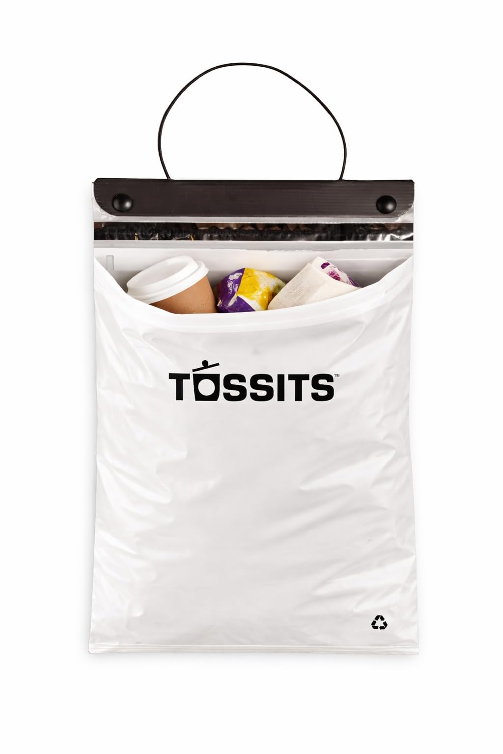 Tossits front packaging showing hanging bag for tidy car interiors and odor control