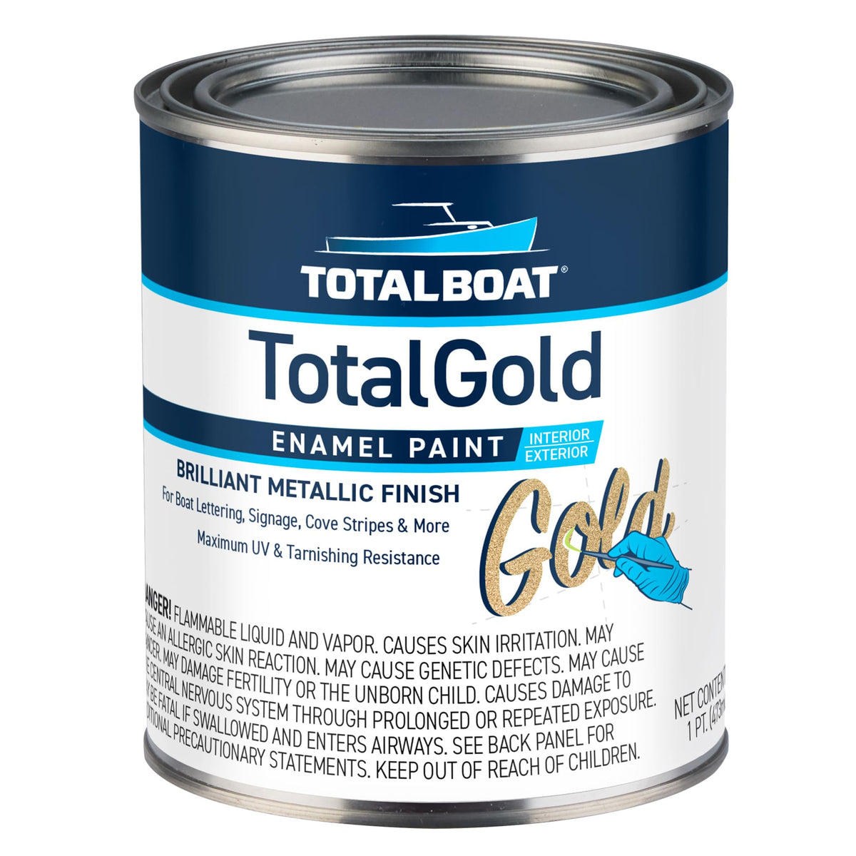 TotalBoat TotalGold pint can front view showing metallic gold finish benefit