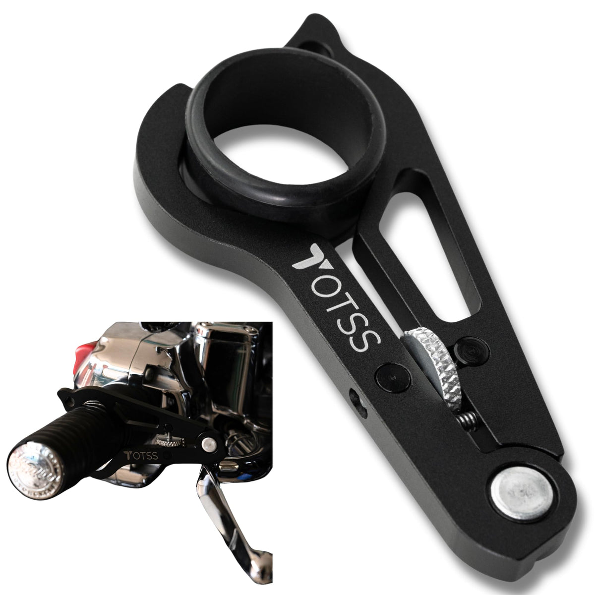 TOTSS front view showing compact throttle lock and packaging, highlights portability
