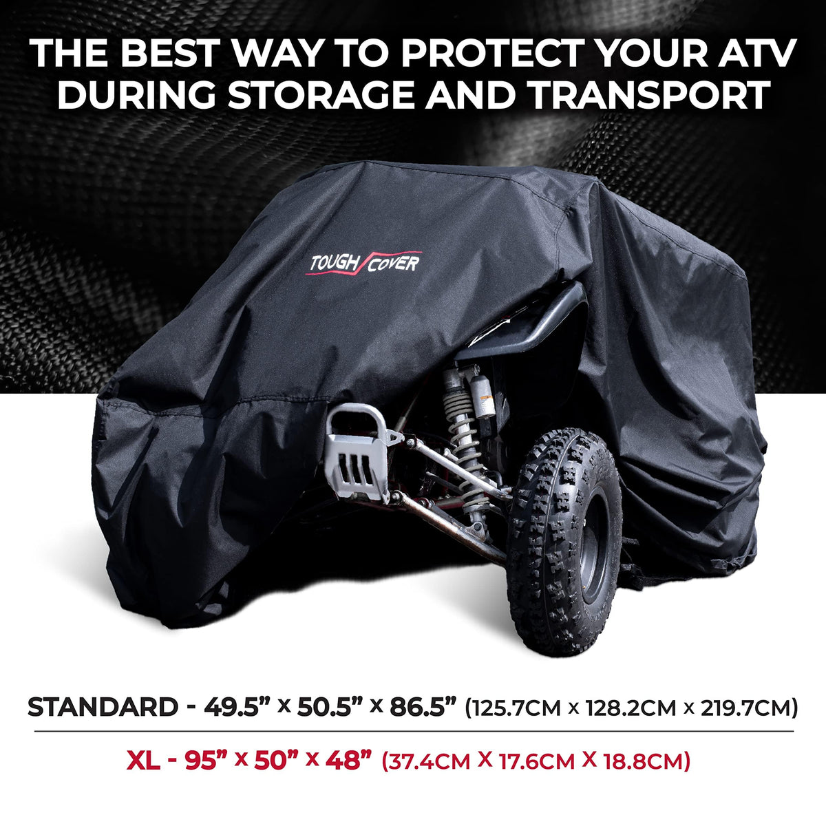 Tough Cover side profile draped on quad demonstrating fit and protection